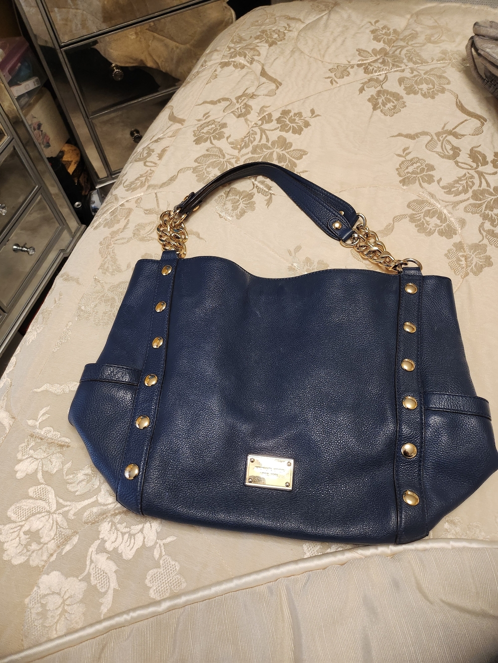 Michael Kors Navy Pebbled Leather Shoulder Tote with Gold Accents